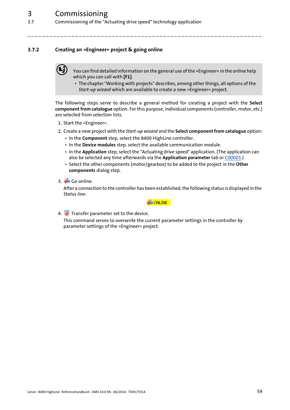 2 creating an »engineer« project & going online, Creating an »engineer« project & going online, 3commissioning | Lenze 8400 HighLine User Manual | Page 59 / 1576