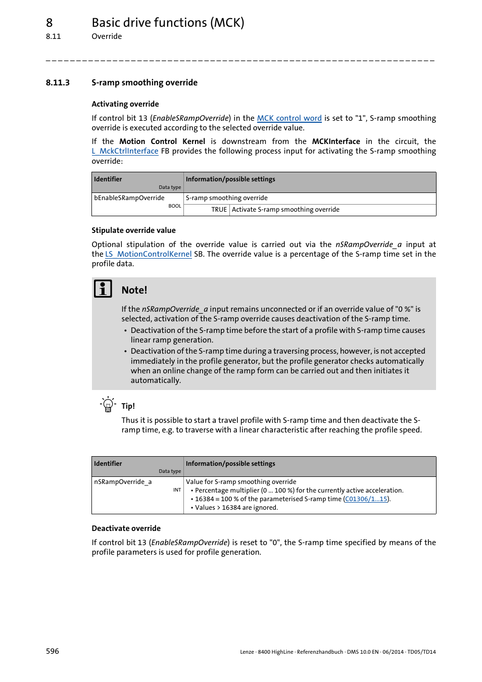 3 s-ramp smoothing override, S-ramp smoothing override, 8basic drive functions (mck) | Lenze 8400 HighLine User Manual | Page 596 / 1576