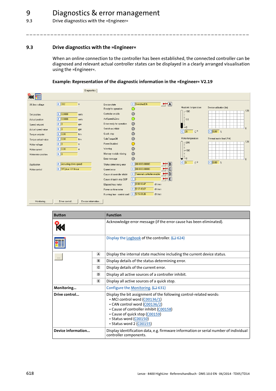 3 drive diagnostics with the »engineer, Drive diagnostics with the »engineer, 9diagnostics & error management | Lenze 8400 HighLine User Manual | Page 618 / 1576