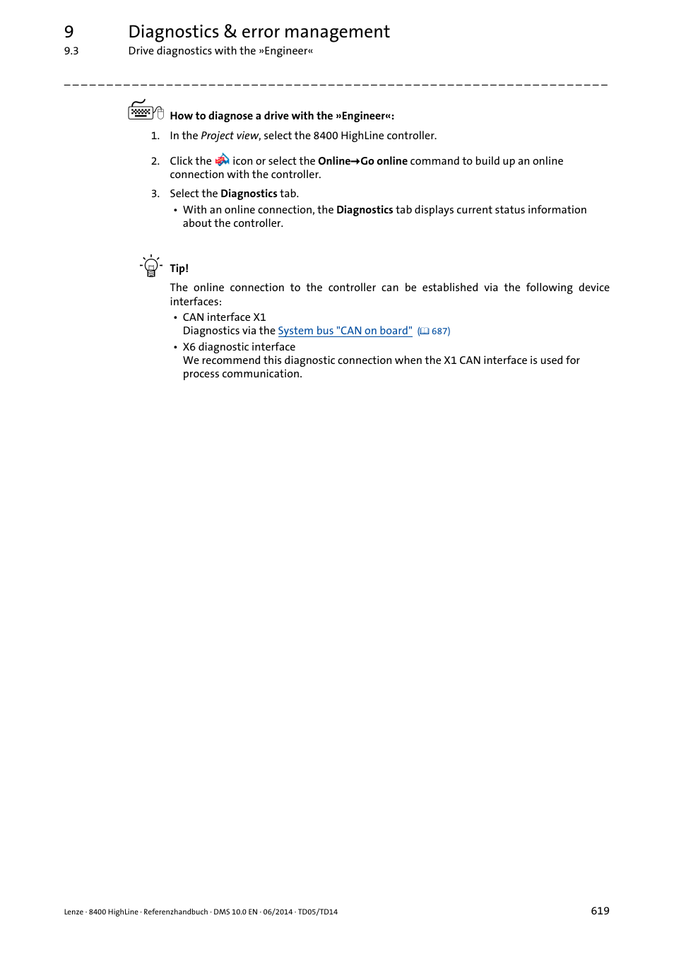 9diagnostics & error management | Lenze 8400 HighLine User Manual | Page 619 / 1576