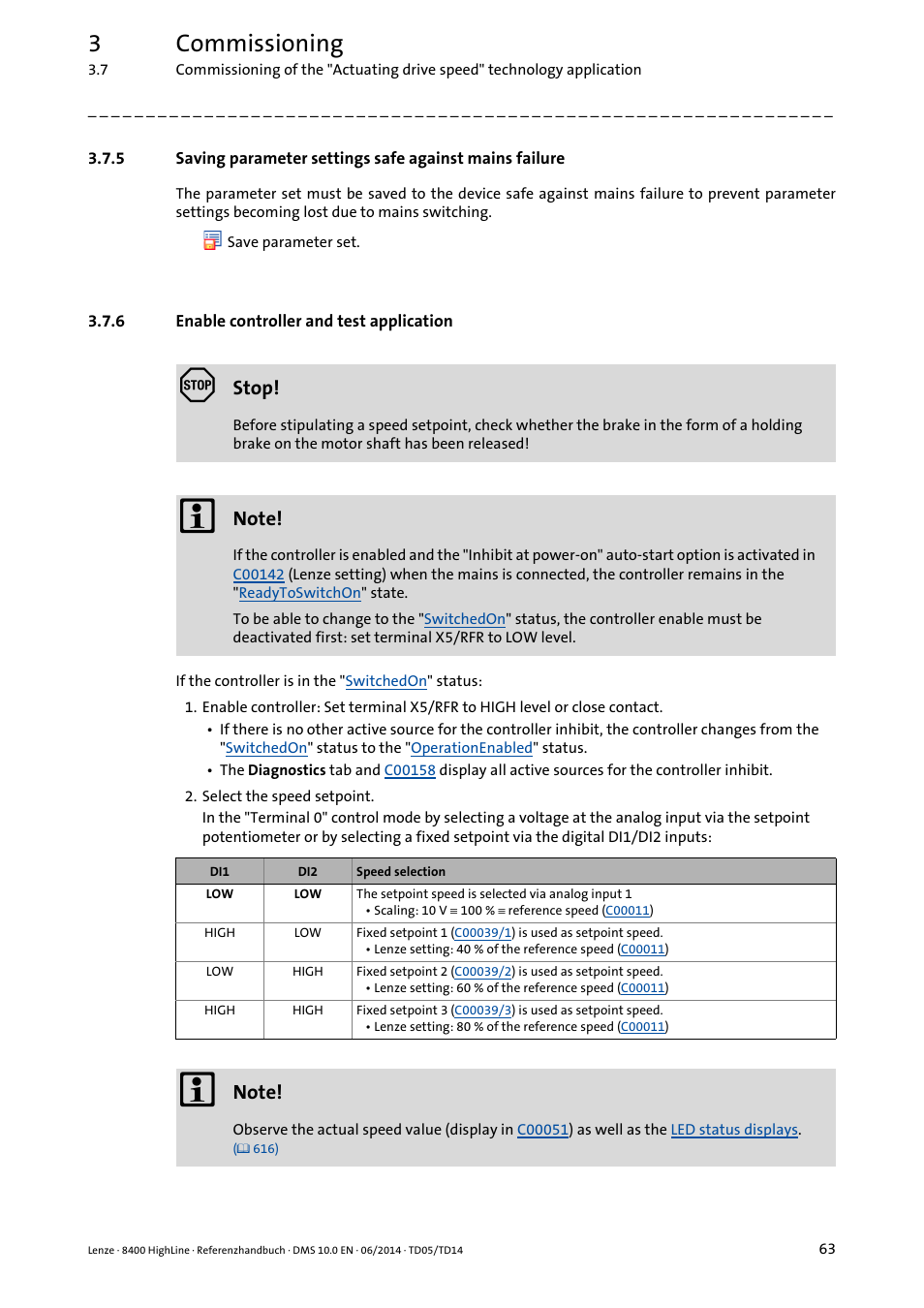 6 enable controller and test application, Enable controller and test application, 3commissioning | Stop | Lenze 8400 HighLine User Manual | Page 63 / 1576