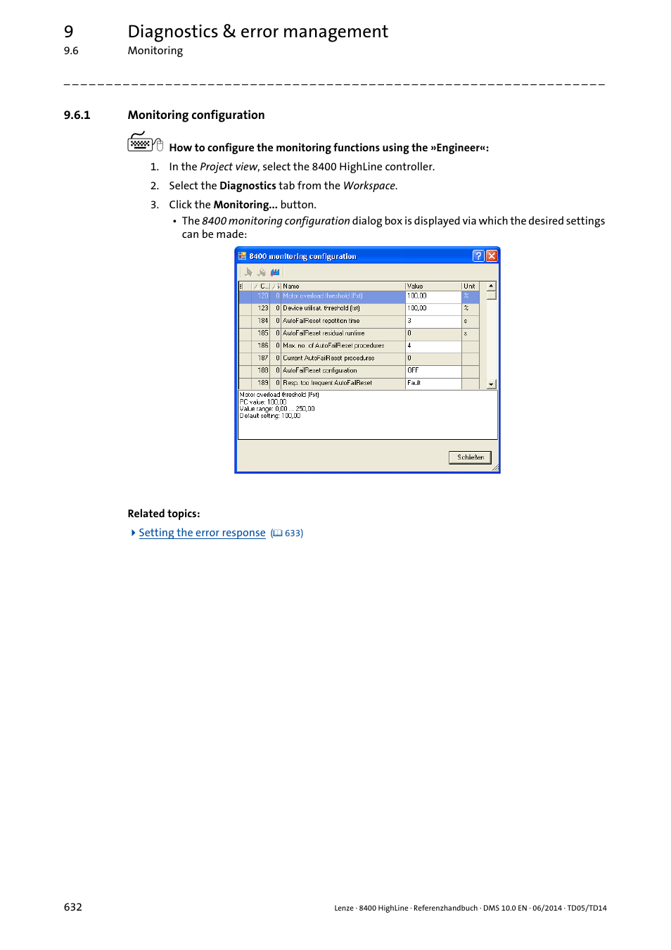 1 monitoring configuration, Monitoring configuration, 9diagnostics & error management | Lenze 8400 HighLine User Manual | Page 632 / 1576