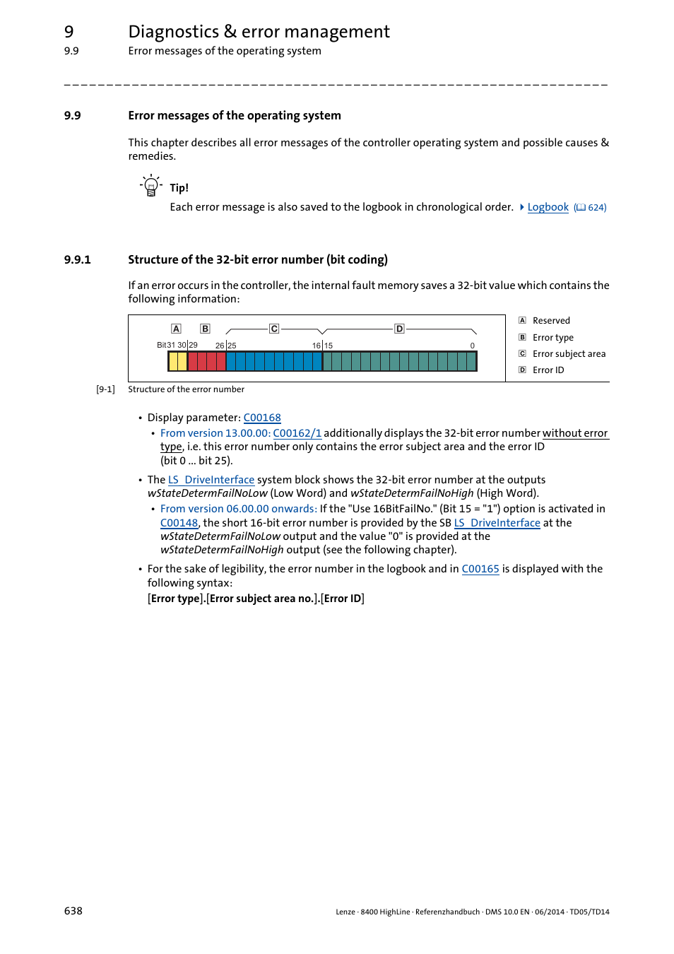 9 error messages of the operating system, Error messages of the operating system, Structure of the 32-bit error number (bit coding) | Error, Messages of the operating system, Bit error number, 9diagnostics & error management | Lenze 8400 HighLine User Manual | Page 638 / 1576