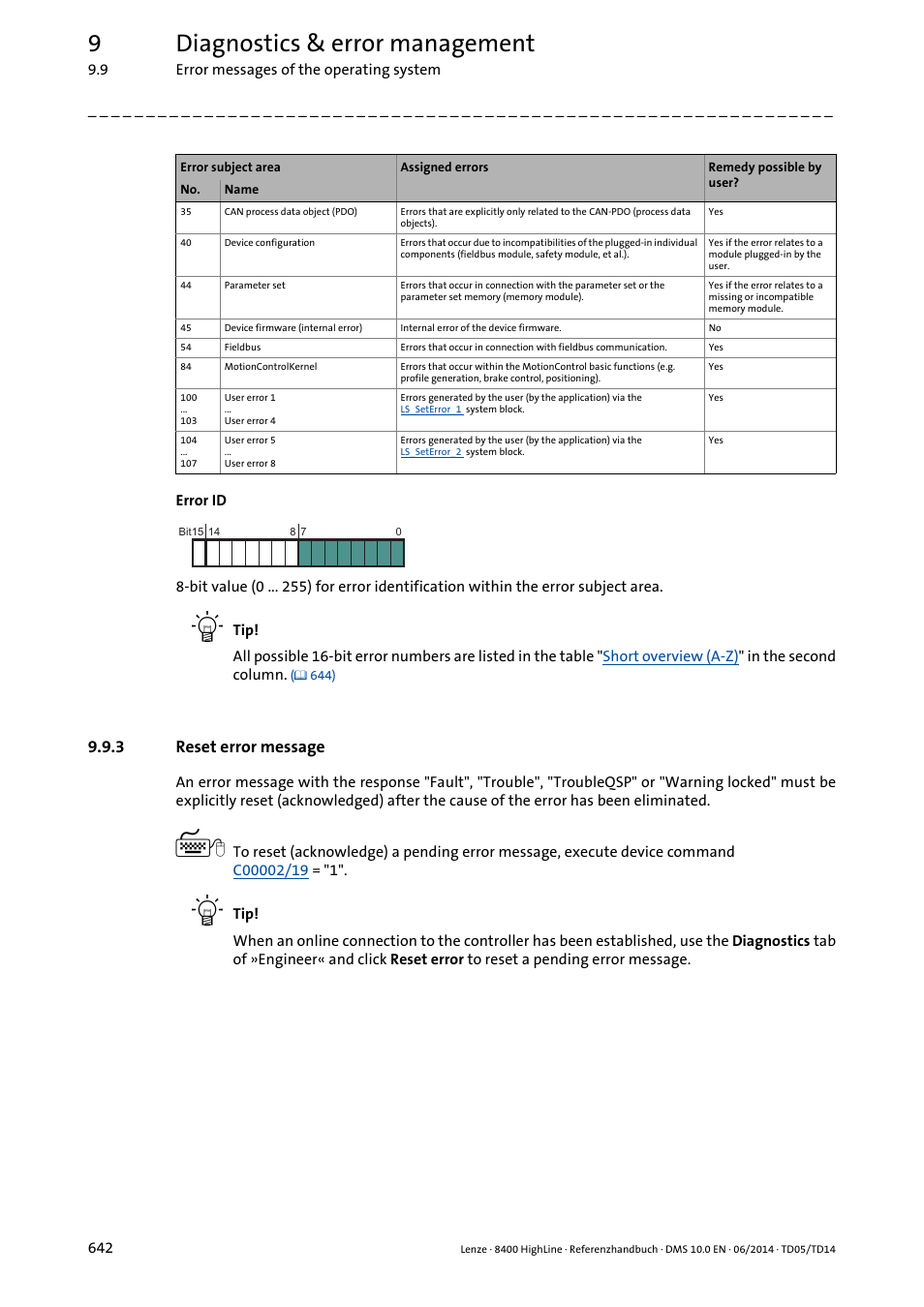 3 reset error message, Reset error message, 9diagnostics & error management | Lenze 8400 HighLine User Manual | Page 642 / 1576