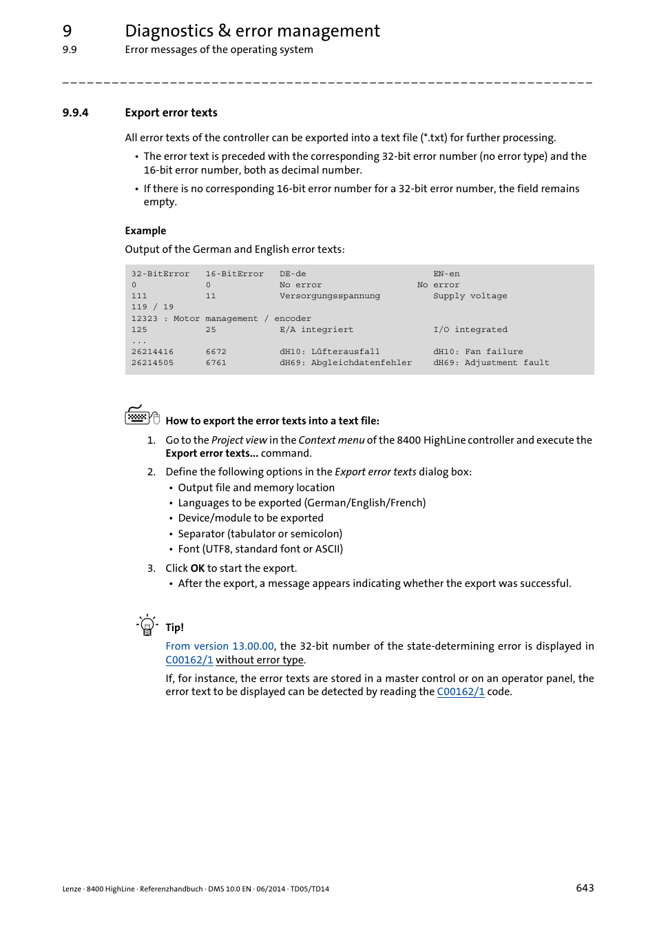 4 export error texts, Export error texts, 9diagnostics & error management | Lenze 8400 HighLine User Manual | Page 643 / 1576