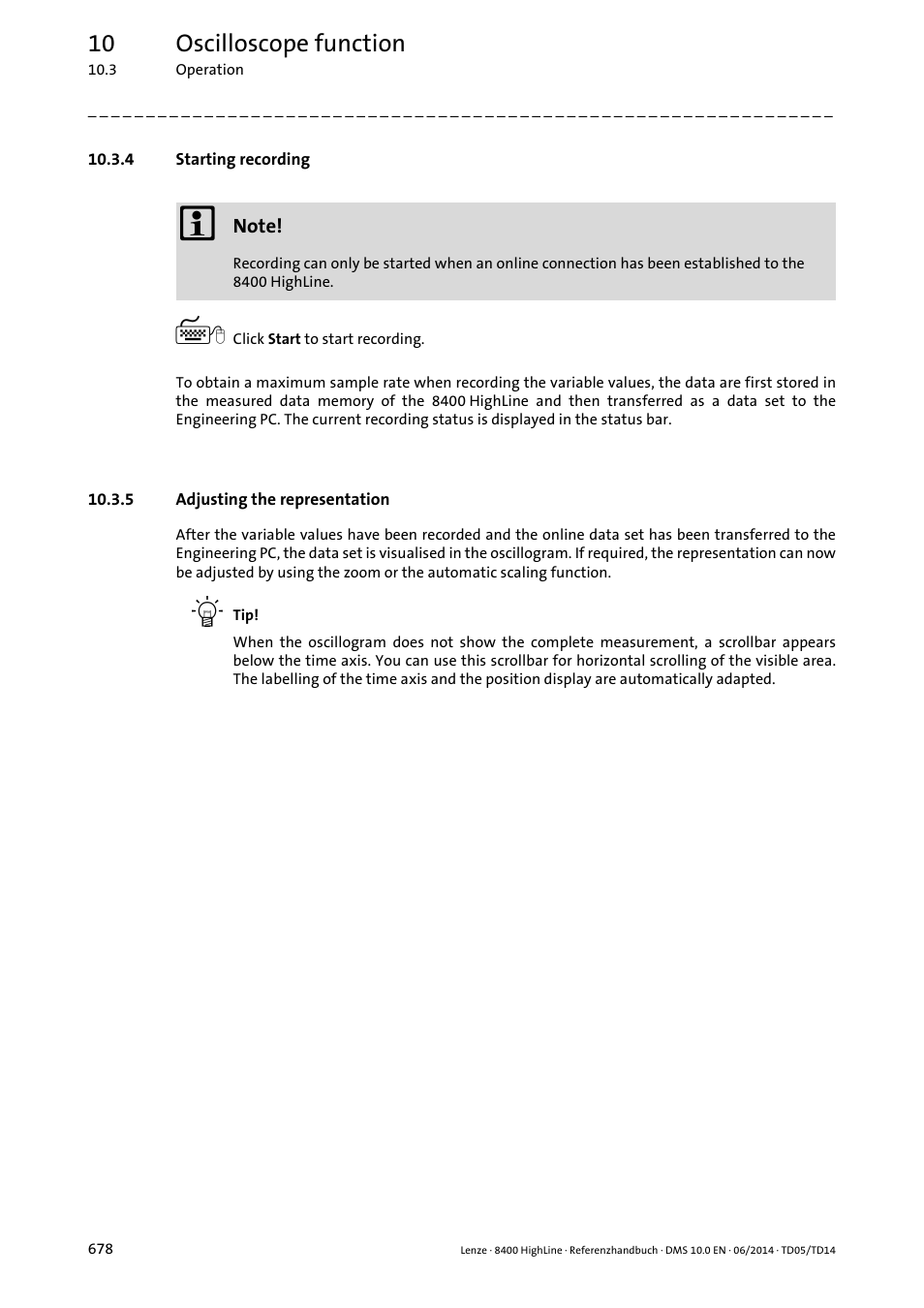 4 starting recording, 5 adjusting the representation, Starting recording | Adjusting the representation, Adjusting the representation ( 678), 10 oscilloscope function | Lenze 8400 HighLine User Manual | Page 678 / 1576