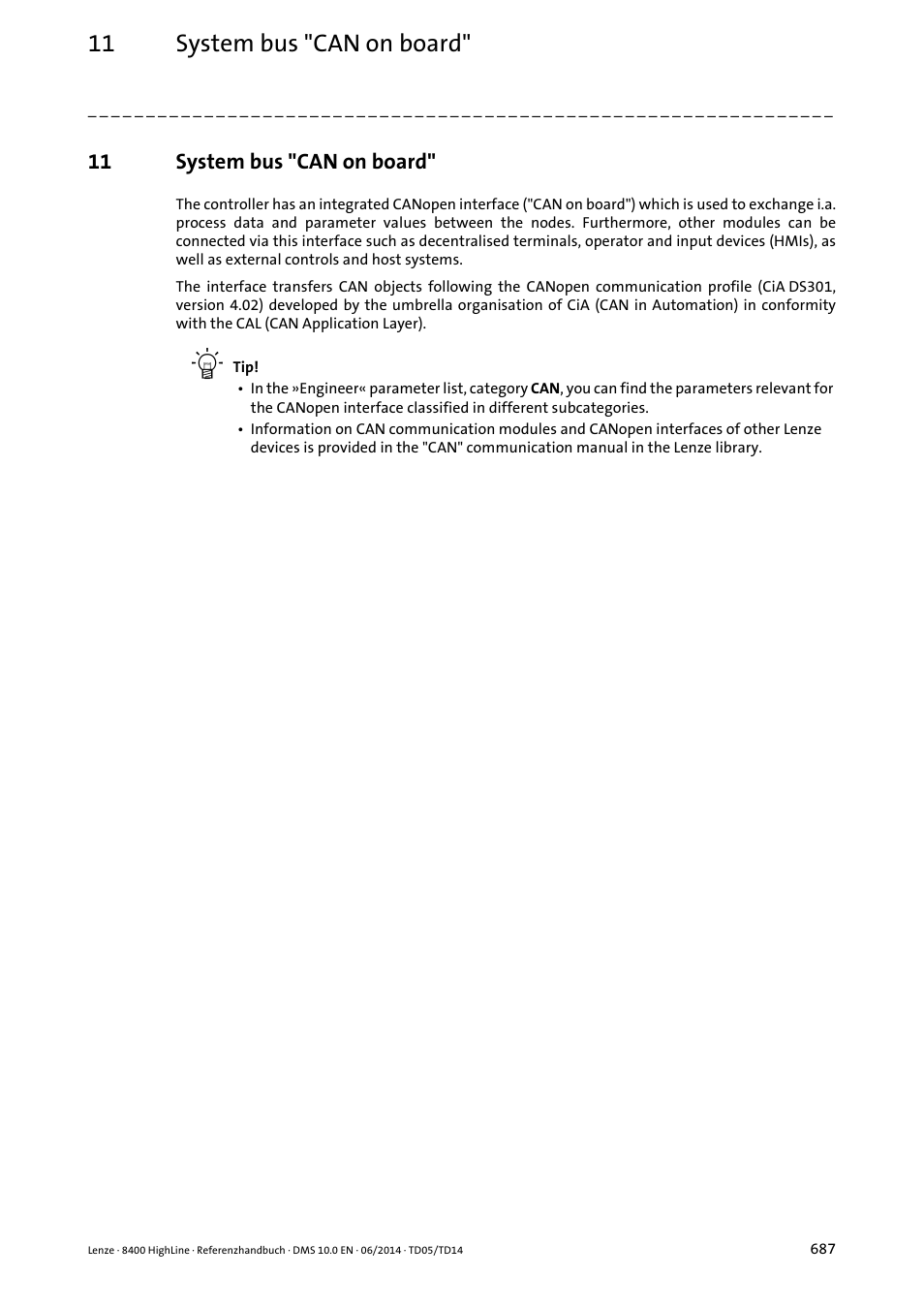 11 system bus "can on board, System bus "can on board, Can on board | Lenze 8400 HighLine User Manual | Page 687 / 1576