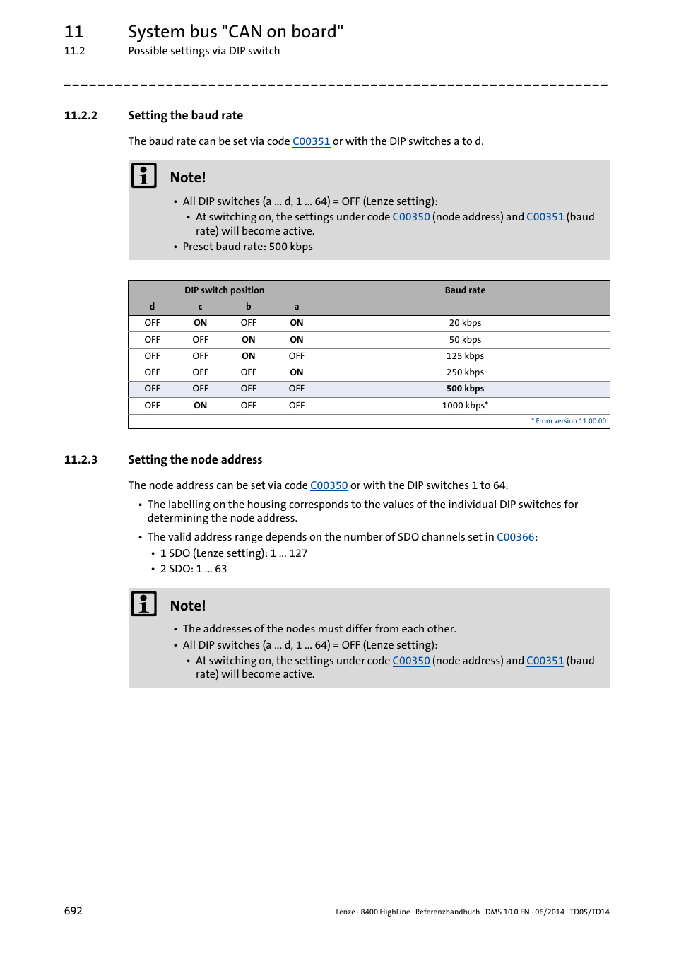 2 setting the baud rate, 3 setting the node address, Setting the baud rate | Setting the node address, 11 system bus "can on board | Lenze 8400 HighLine User Manual | Page 692 / 1576