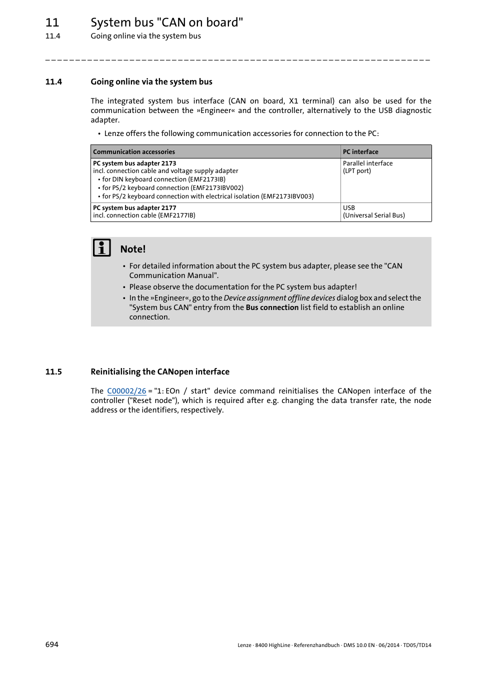 4 going online via the system bus, 5 reinitialising the canopen interface, Reinitialising the canopen interface | 11 system bus "can on board | Lenze 8400 HighLine User Manual | Page 694 / 1576