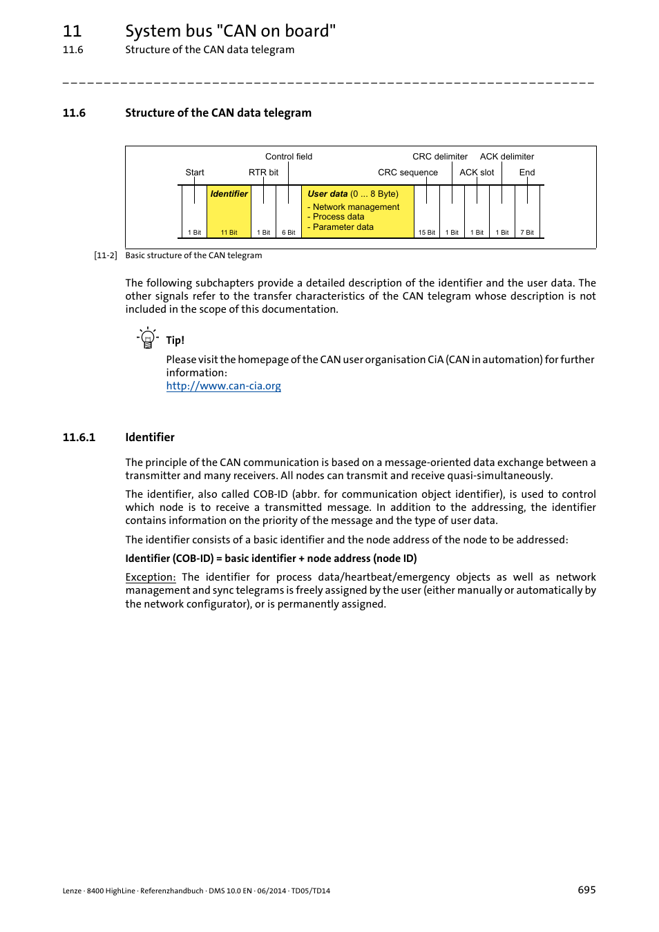 6 structure of the can data telegram, 1 identifier, Identifier | 11 system bus "can on board | Lenze 8400 HighLine User Manual | Page 695 / 1576