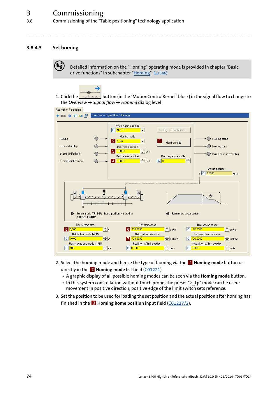 3 set homing, Set homing, 3commissioning | Lenze 8400 HighLine User Manual | Page 74 / 1576