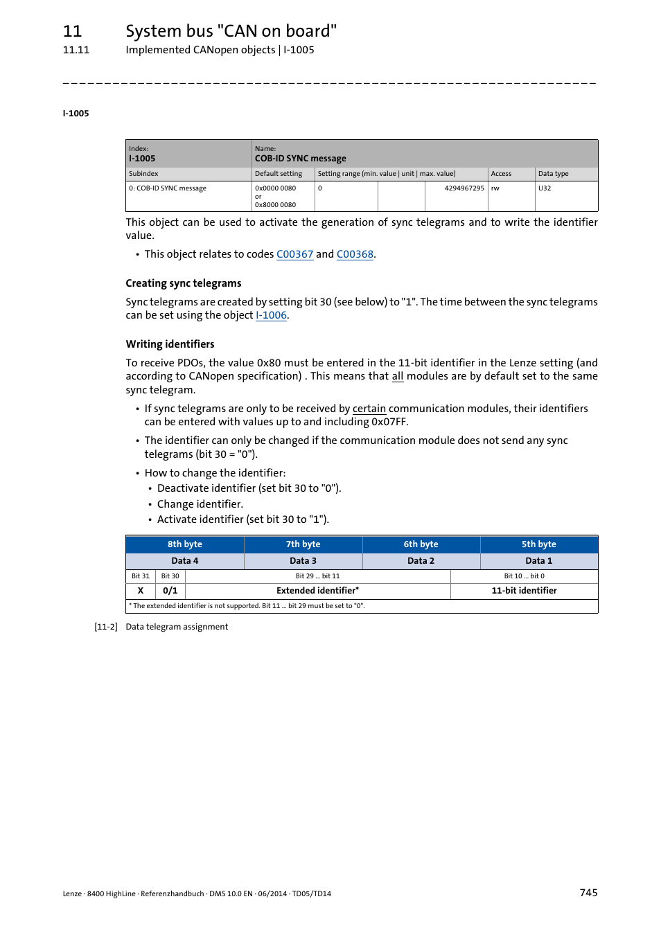 I-1005, 11 system bus "can on board | Lenze 8400 HighLine User Manual | Page 745 / 1576