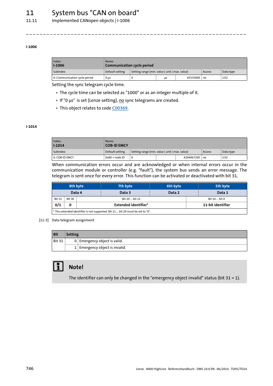 I-1006, I-1014, 11 system bus "can on board | Lenze 8400 HighLine User Manual | Page 746 / 1576