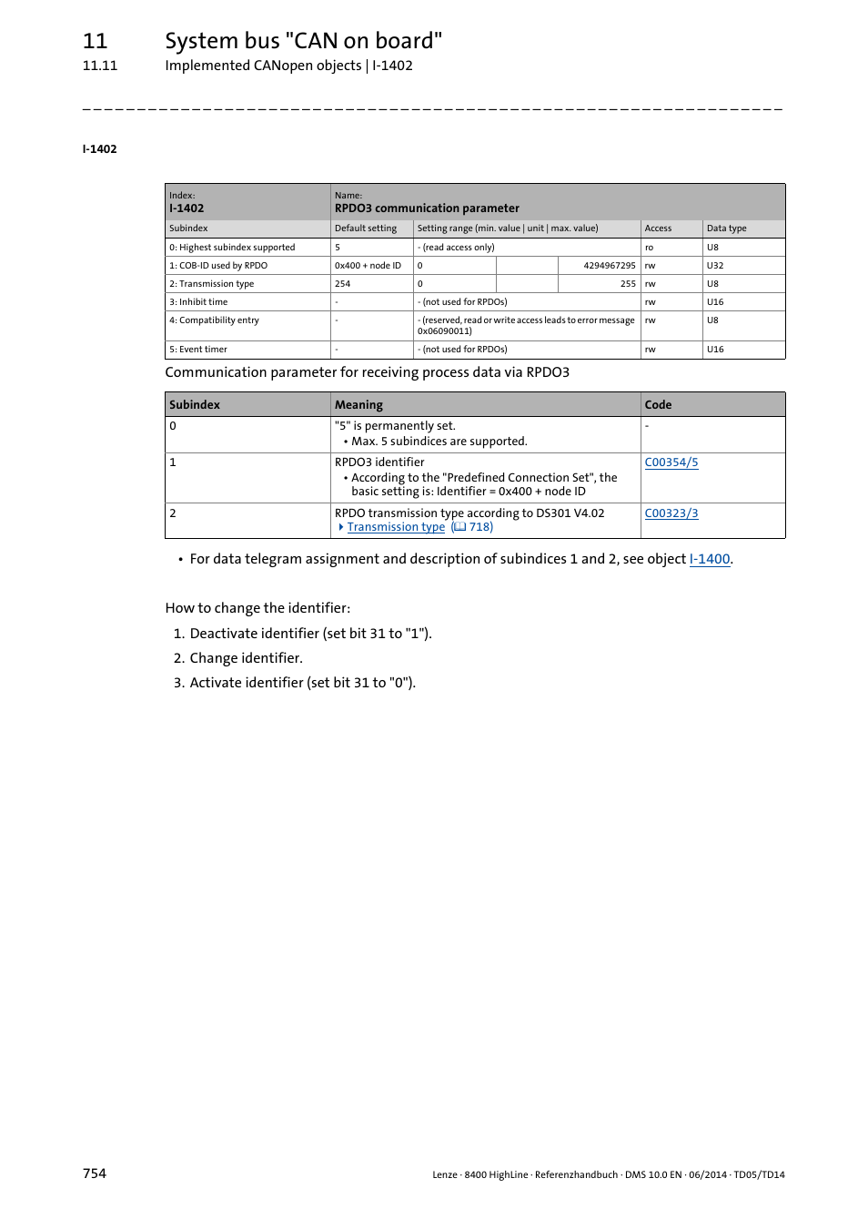 I-1402/1, I-1402, 11 system bus "can on board | Lenze 8400 HighLine User Manual | Page 754 / 1576