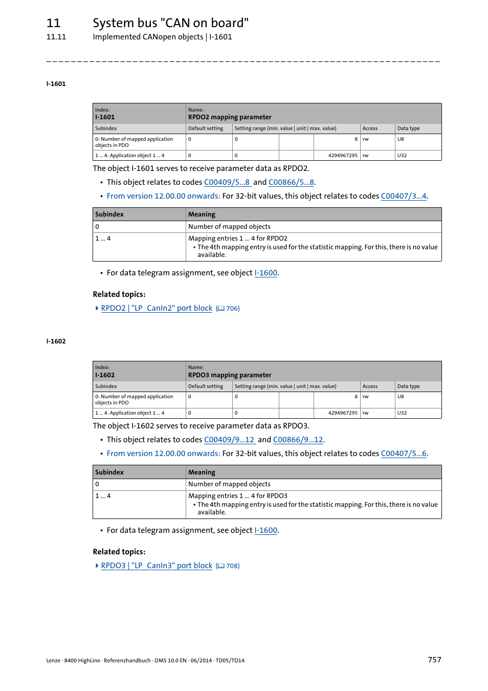 I-1601, I-1602, 11 system bus "can on board | Lenze 8400 HighLine User Manual | Page 757 / 1576