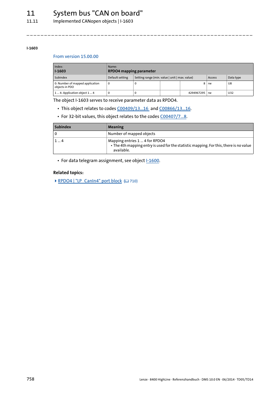 I-1603, 11 system bus "can on board | Lenze 8400 HighLine User Manual | Page 758 / 1576