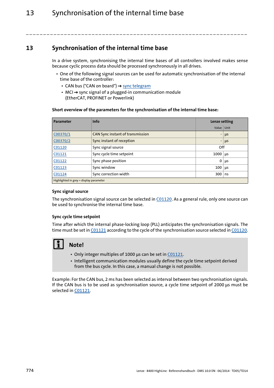 13 synchronisation of the internal time base, Synchronisation of the internal time base | Lenze 8400 HighLine User Manual | Page 774 / 1576