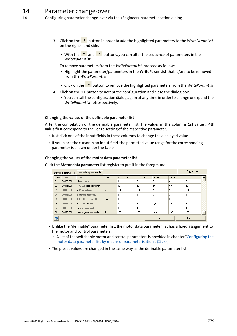 14 parameter change-over | Lenze 8400 HighLine User Manual | Page 779 / 1576