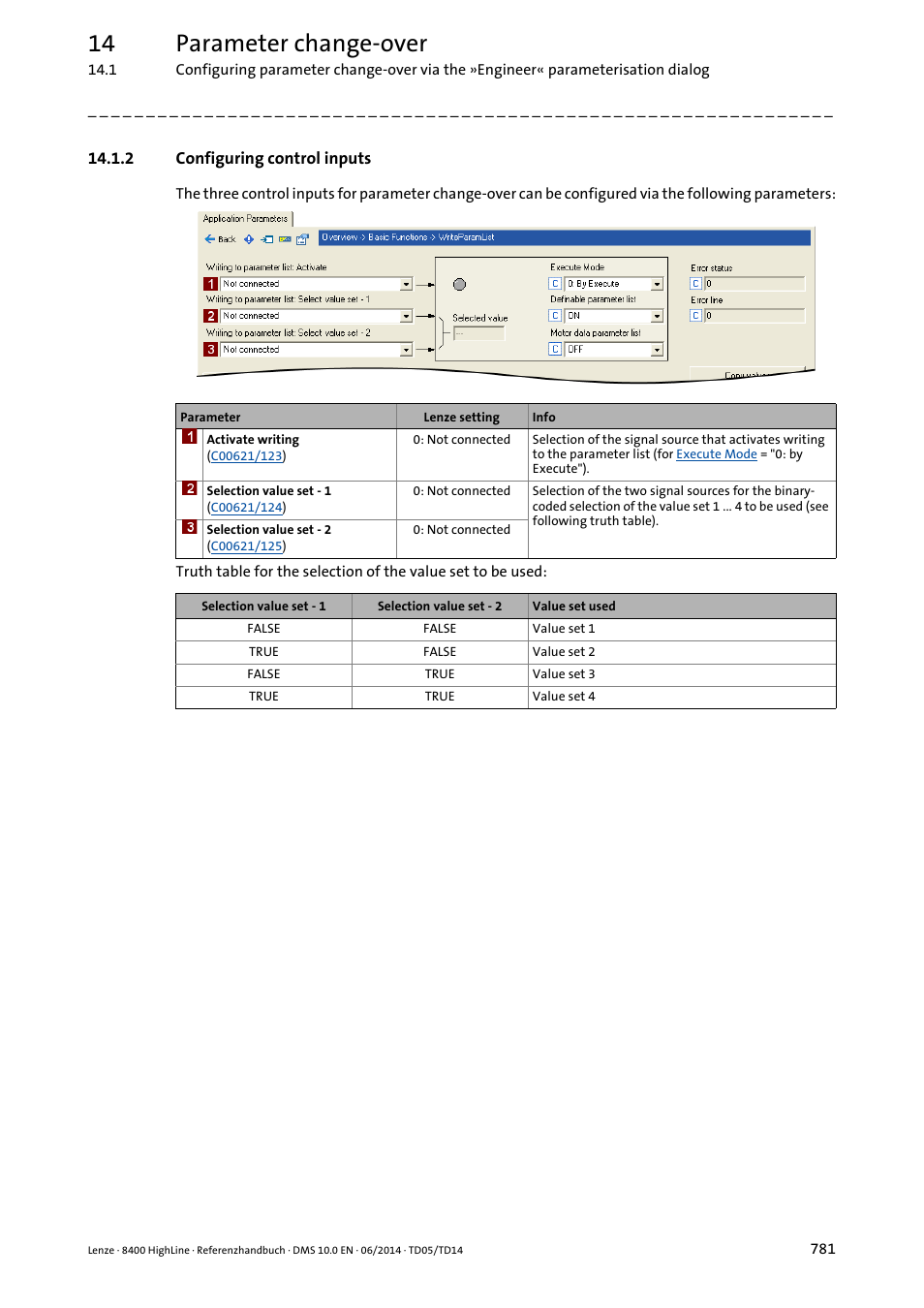 2 configuring control inputs, Configuring control inputs, 14 parameter change-over | Lenze 8400 HighLine User Manual | Page 781 / 1576