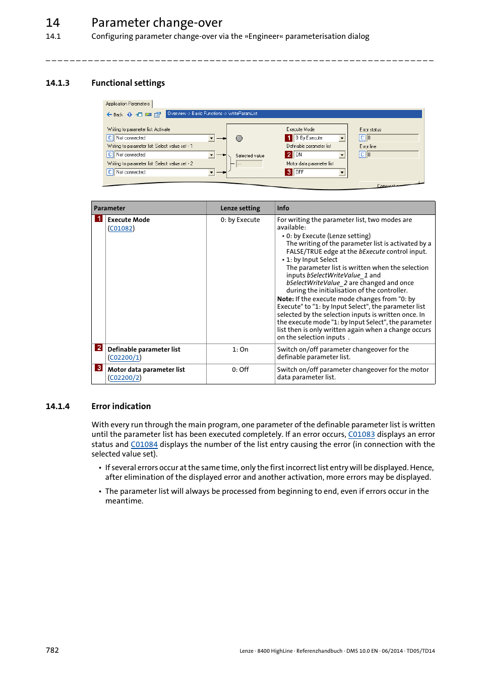 3 functional settings, 4 error indication, Functional settings | Error indication, Execute mode, 14 parameter change-over | Lenze 8400 HighLine User Manual | Page 782 / 1576