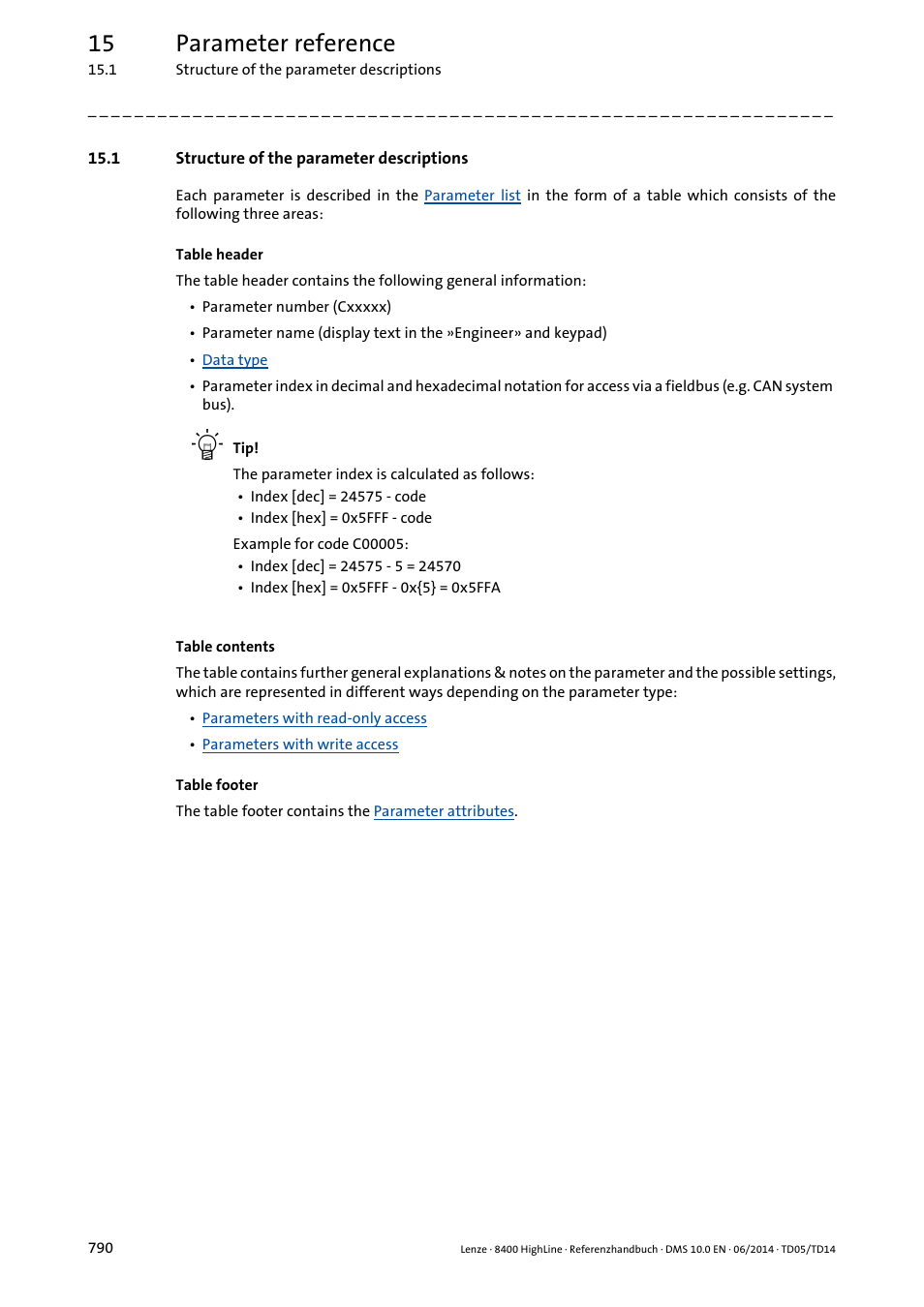 1 structure of the parameter descriptions, 15 parameter reference | Lenze 8400 HighLine User Manual | Page 790 / 1576