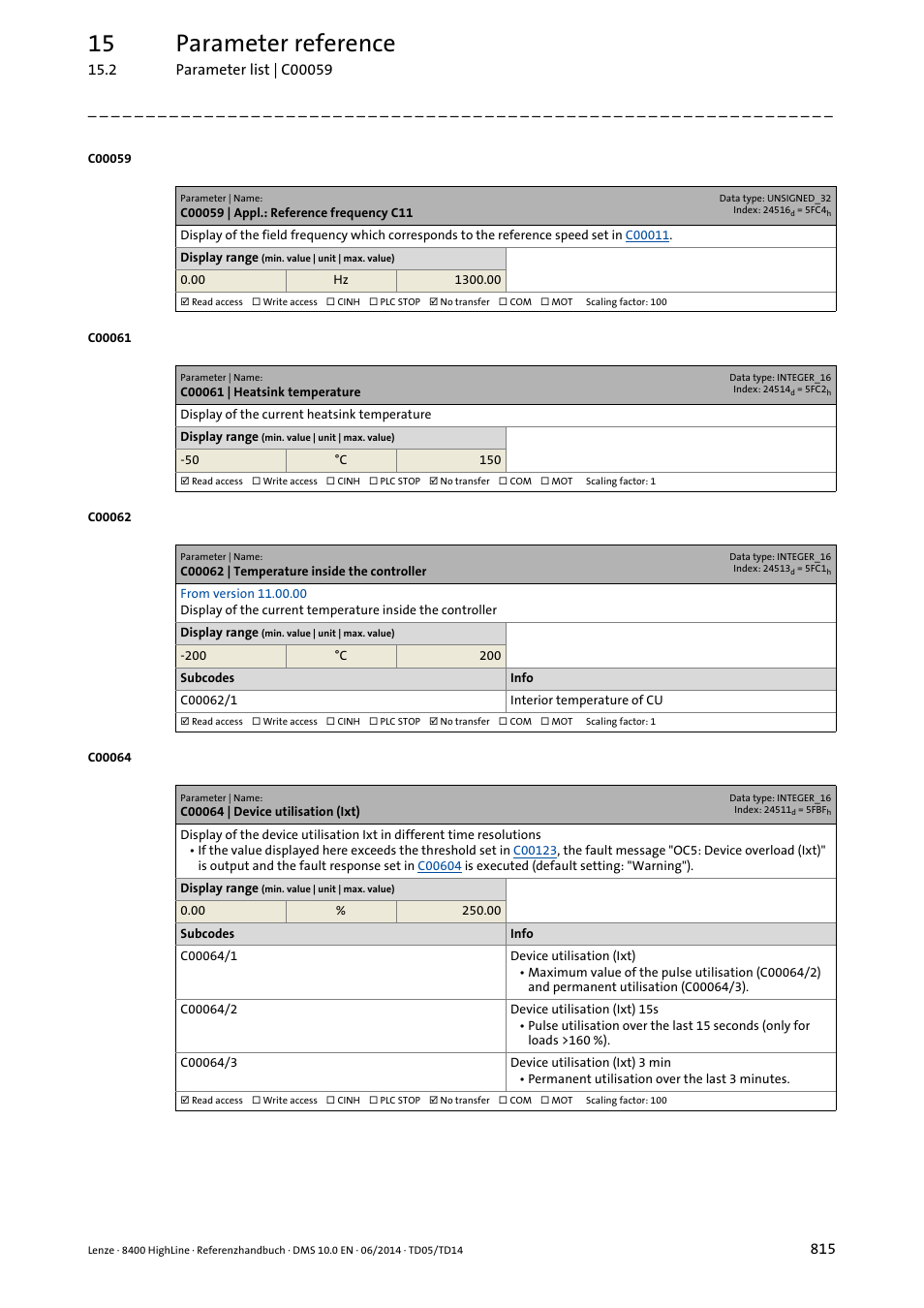 C00059 | appl.: reference frequency c11, C00061 | heatsink temperature, C00062 | temperature inside the controller | C00064 | device utilisation (ixt), C00061, C00059, C00064, C00064/1, Displays the, C00064/2 | Lenze 8400 HighLine User Manual | Page 815 / 1576