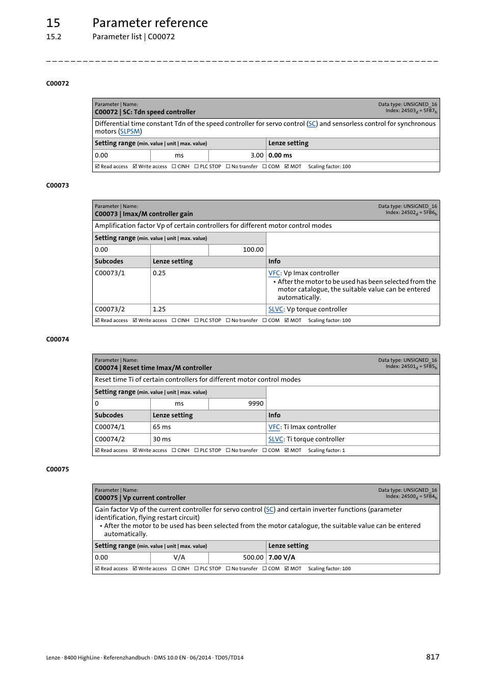 C00072 | sc: tdn speed controller, C00073 | imax/m controller gain, C00074 | reset time imax/m controller | C00075 | vp current controller, C00075, C00072, C00073/1, C00074/1, C00074, C00073 | Lenze 8400 HighLine User Manual | Page 817 / 1576
