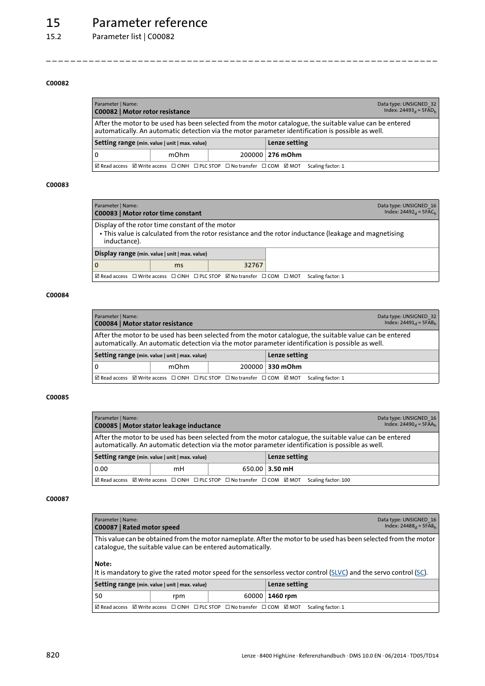 C00082 | motor rotor resistance, C00083 | motor rotor time constant, C00084 | motor stator resistance | C00085 | motor stator leakage inductance, C00087 | rated motor speed, C00087, Rate, Which, C00084, C00085 | Lenze 8400 HighLine User Manual | Page 820 / 1576