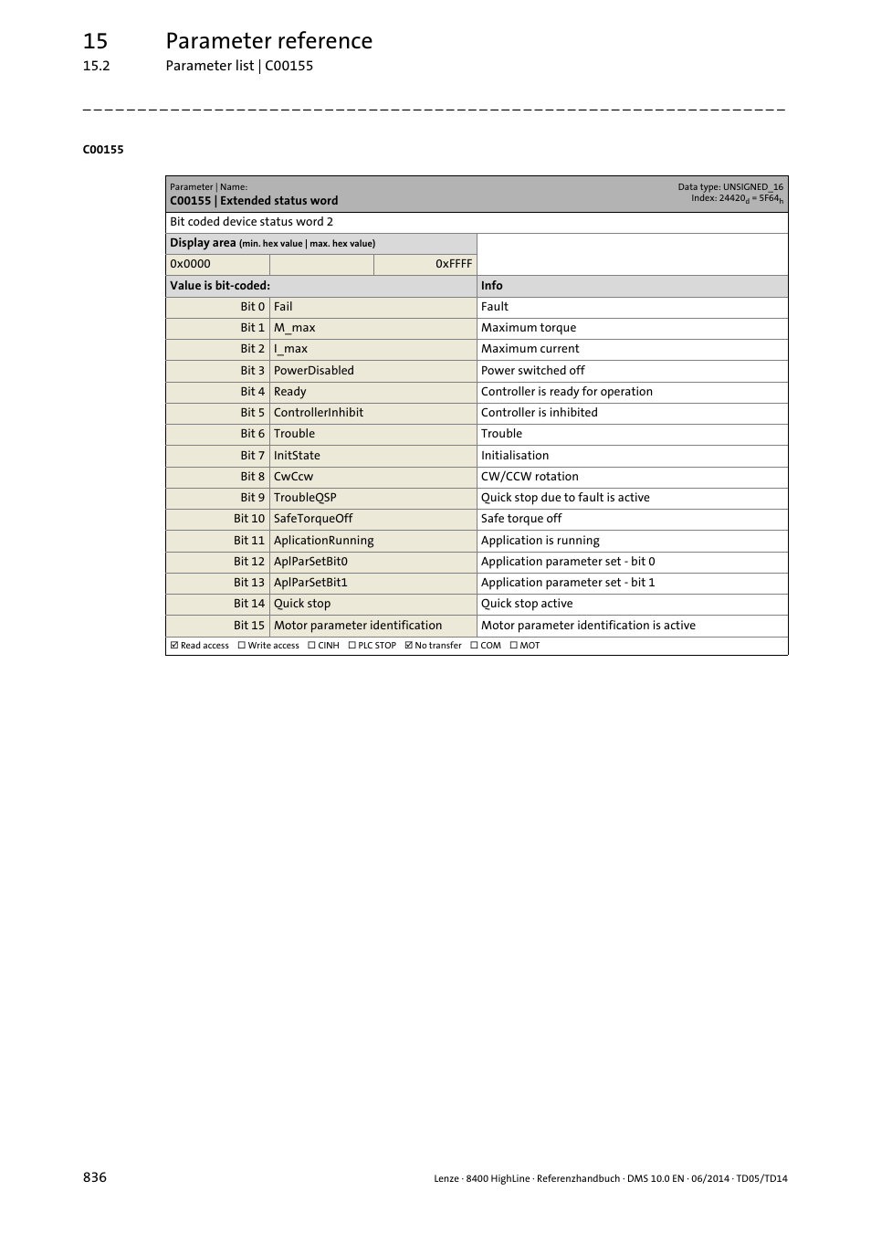 C00155 | extended status word, C00155, 15 parameter reference | Lenze 8400 HighLine User Manual | Page 836 / 1576