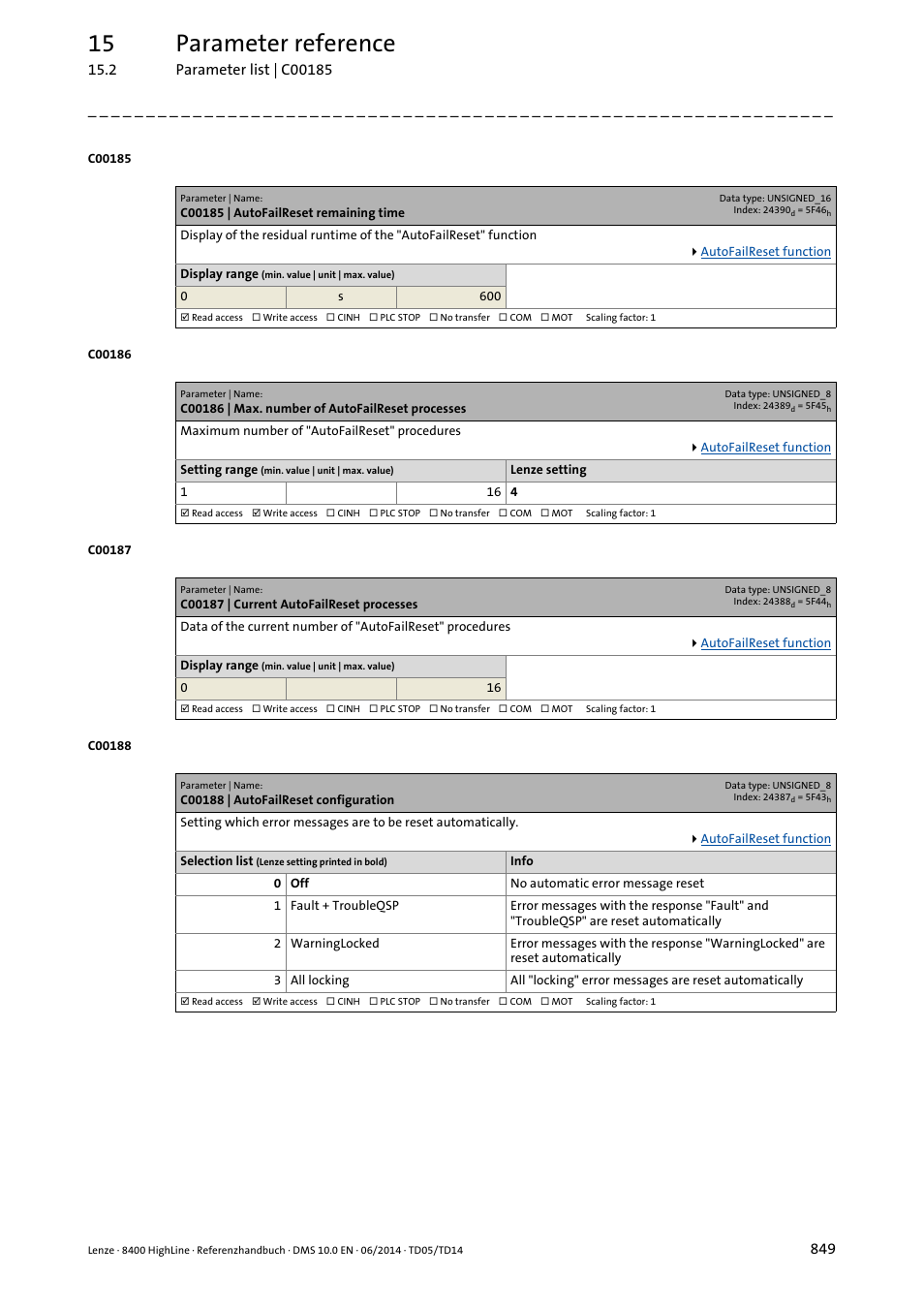 C00185 | autofailreset remaining time, C00186 | max. number of autofailreset processes, C00187 | current autofailreset processes | C00188 | autofailreset configuration, C00185, C00186, C00187, C00188, 15 parameter reference | Lenze 8400 HighLine User Manual | Page 849 / 1576