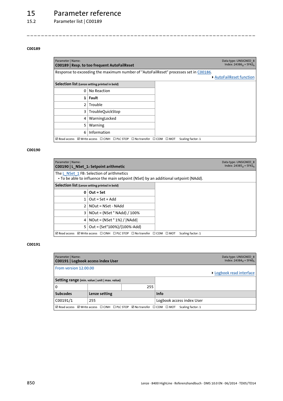 C00189 | resp. to too frequent autofailreset, C00190 | l_nset_1: setpoint arithmetic, C00191 | logbook access index user | C00190, Nadd" in, To "1, C00191/1, Ested, Dex in, Must | Lenze 8400 HighLine User Manual | Page 850 / 1576