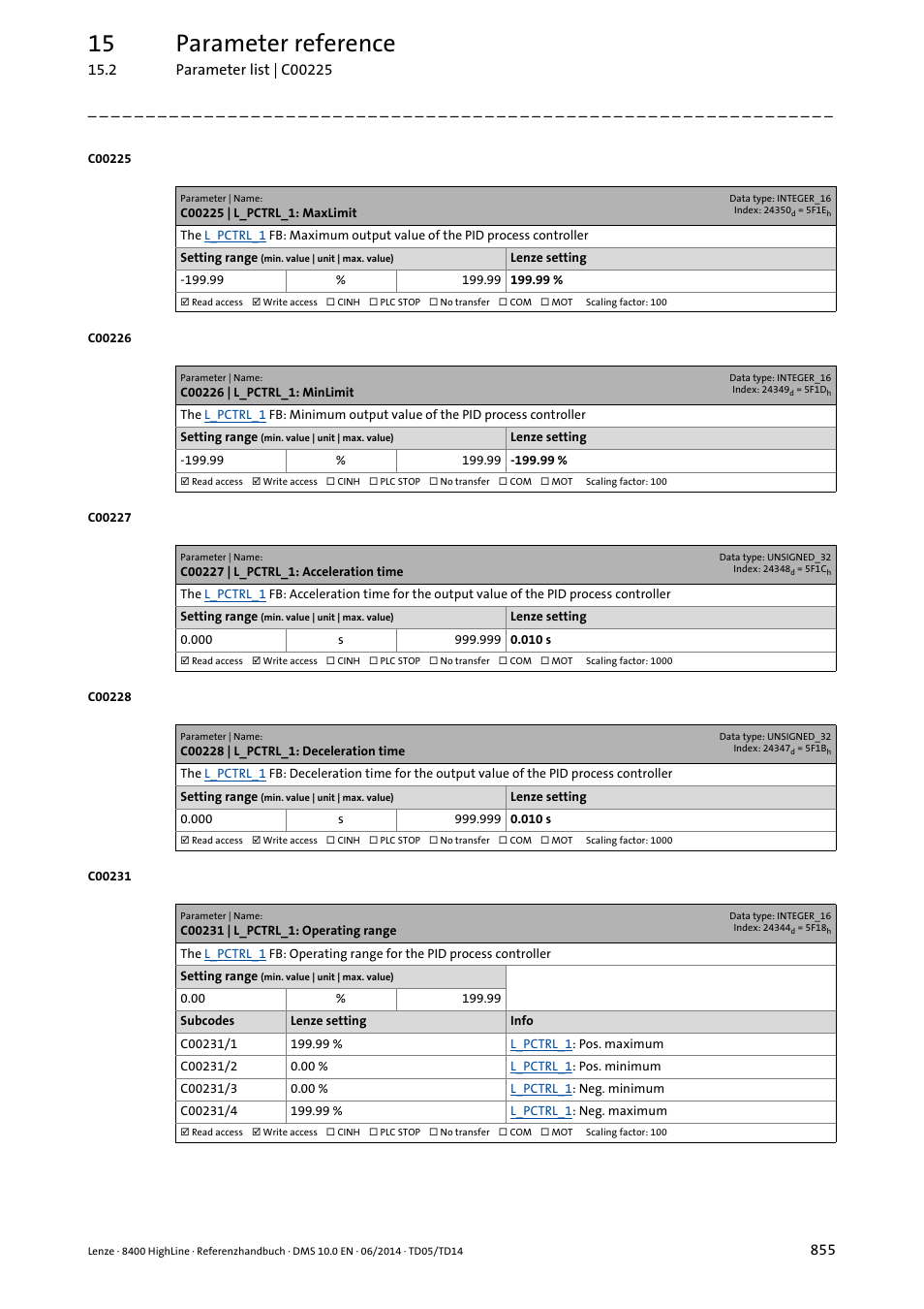 C00225 | l_pctrl_1: maxlimit, C00226 | l_pctrl_1: minlimit, C00227 | l_pctrl_1: acceleration time | C00228 | l_pctrl_1: deceleration time, C00231 | l_pctrl_1: operating range, C00225, C00226, C00227, C00228, 15 parameter reference | Lenze 8400 HighLine User Manual | Page 855 / 1576