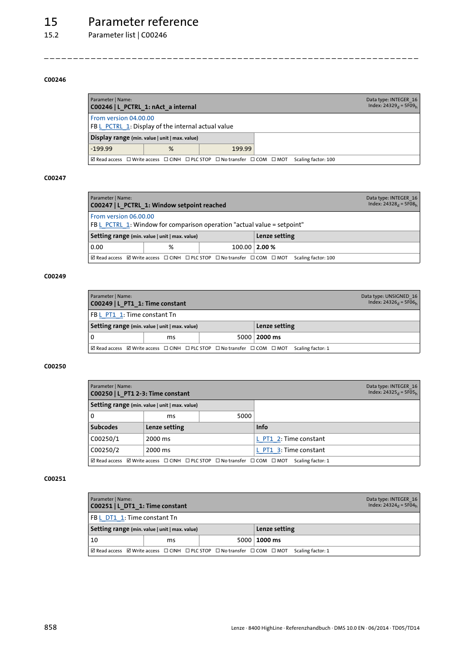 C00246 | l_pctrl_1: nact_a internal, C00247 | l_pctrl_1: window setpoint reached, C00249 | l_pt1_1: time constant | C00250 | l_pt1 2-3: time constant, C00251 | l_dt1_1: time constant, 15 parameter reference | Lenze 8400 HighLine User Manual | Page 858 / 1576