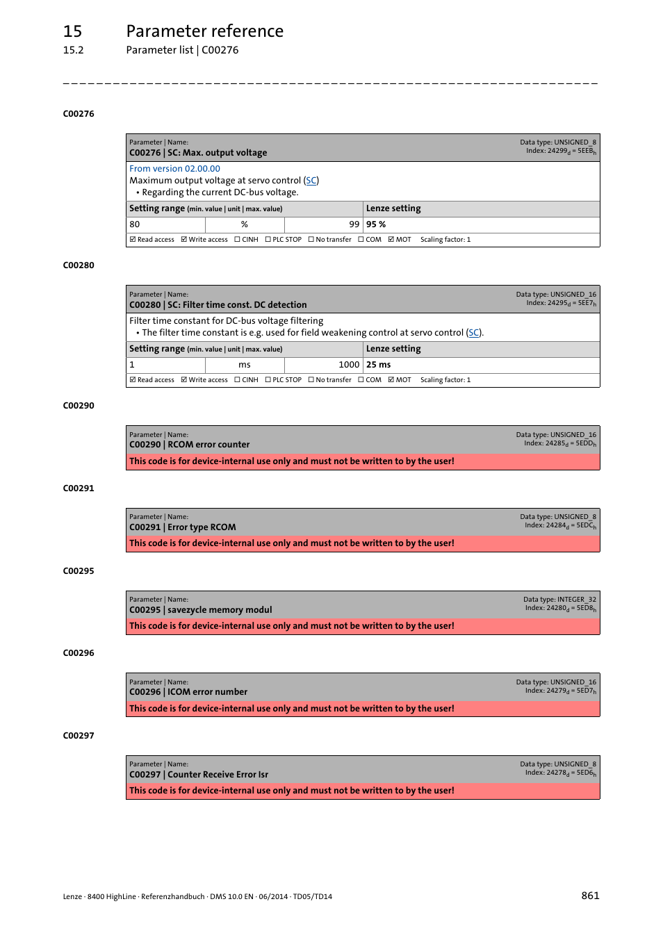 C00276 | sc: max. output voltage, C00280 | sc: filter time const. dc detection, C00280 | 15 parameter reference | Lenze 8400 HighLine User Manual | Page 861 / 1576