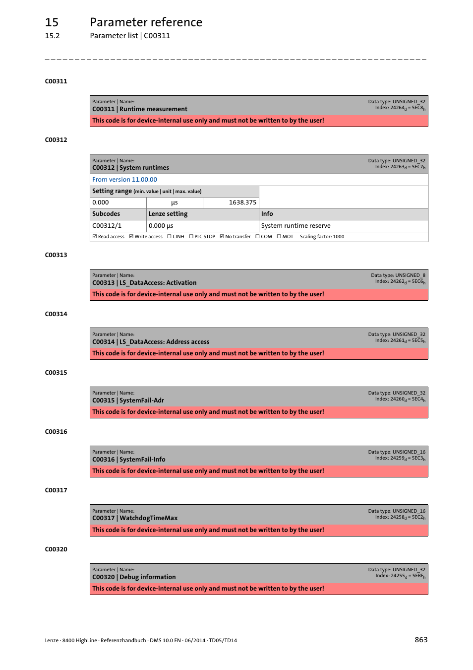 C00312 | system runtimes, 15 parameter reference | Lenze 8400 HighLine User Manual | Page 863 / 1576