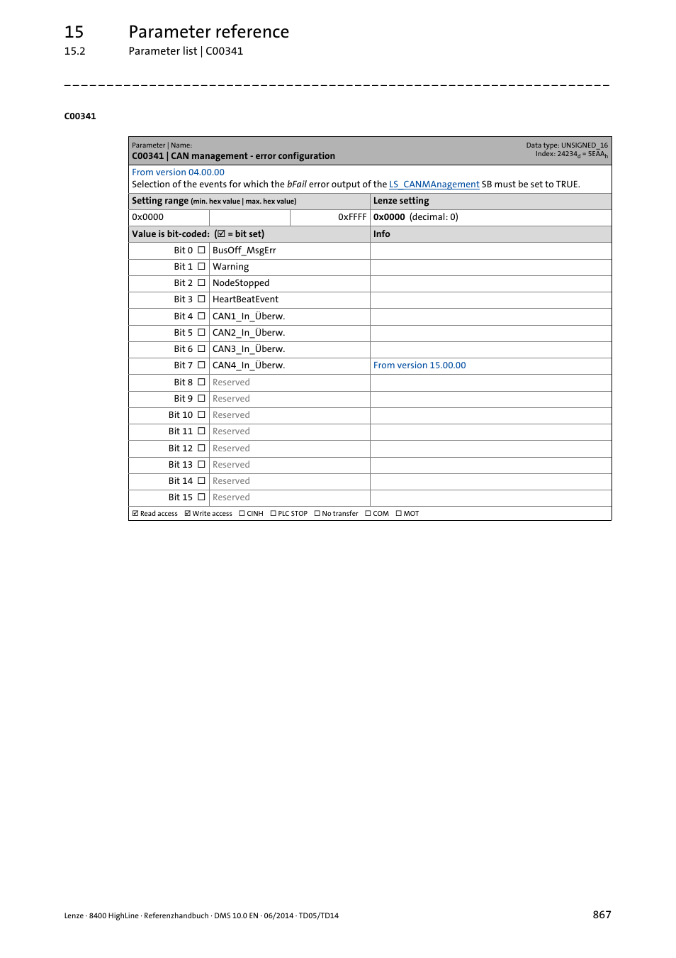 C00341 | can management - error configuration, N in, C00341 | 15 parameter reference | Lenze 8400 HighLine User Manual | Page 867 / 1576