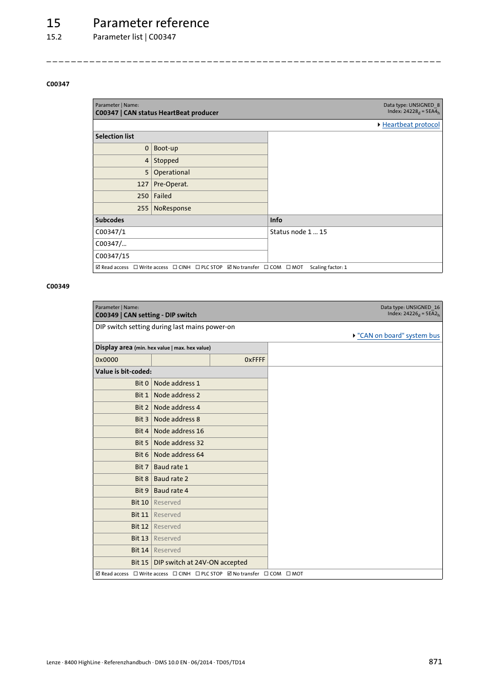 C00347 | can status heartbeat producer, C00349 | can setting - dip switch, C00347/1 | C00347/1...n, 15 parameter reference | Lenze 8400 HighLine User Manual | Page 871 / 1576