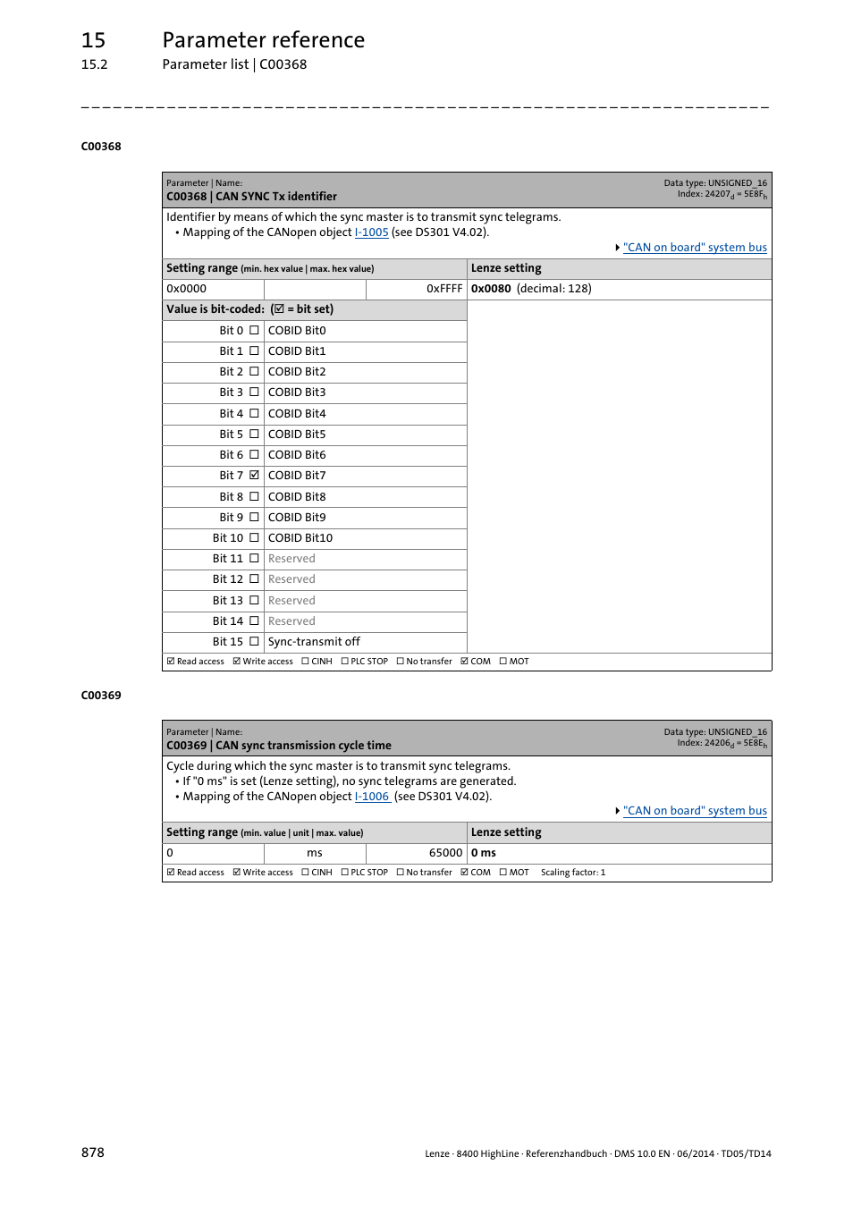 C00368 | can sync tx identifier, C00369 | can sync transmission cycle time, C00368 | C00369, 15 parameter reference | Lenze 8400 HighLine User Manual | Page 878 / 1576