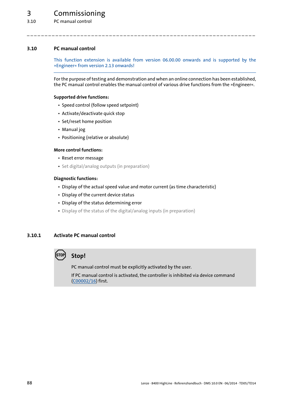 10 pc manual control, 1 activate pc manual control, Activate pc manual control | 3commissioning | Lenze 8400 HighLine User Manual | Page 88 / 1576