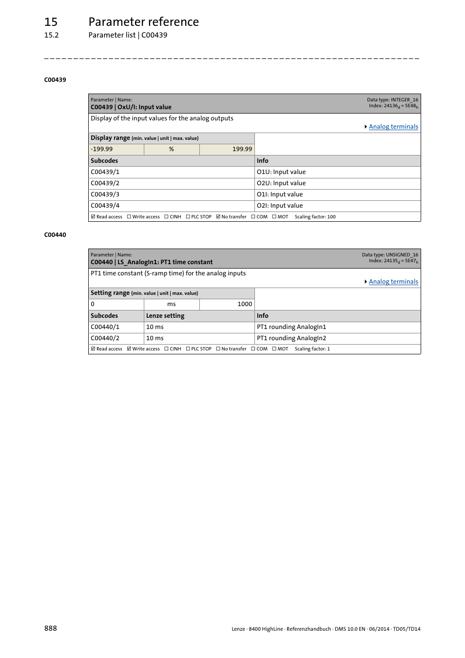 C00439 | oxu/i: input value, C00440 | ls_analogin1: pt1 time constant, C00439/1 | C00439/3, C00439/2, C00439/4, C00440/1, C00440/2, 15 parameter reference | Lenze 8400 HighLine User Manual | Page 888 / 1576