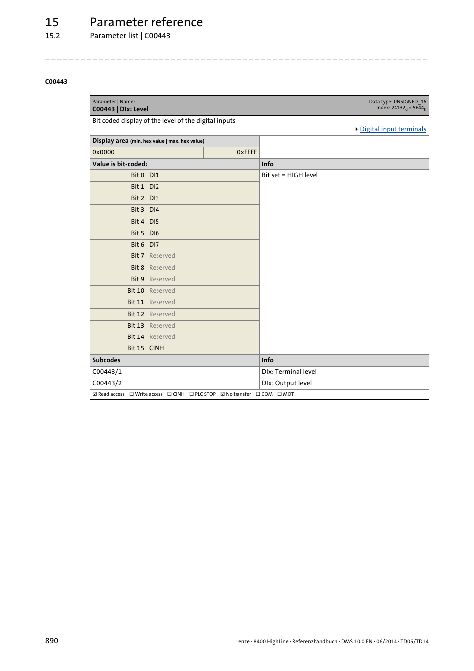 C00443 | dix: level, C00443/1, C00443/2 | 15 parameter reference | Lenze 8400 HighLine User Manual | Page 890 / 1576