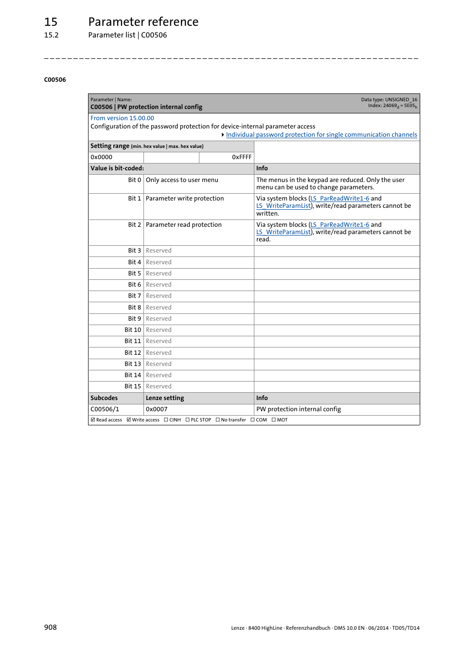 C00506 | pw protection internal config, C00506/1, 15 parameter reference | Lenze 8400 HighLine User Manual | Page 908 / 1576