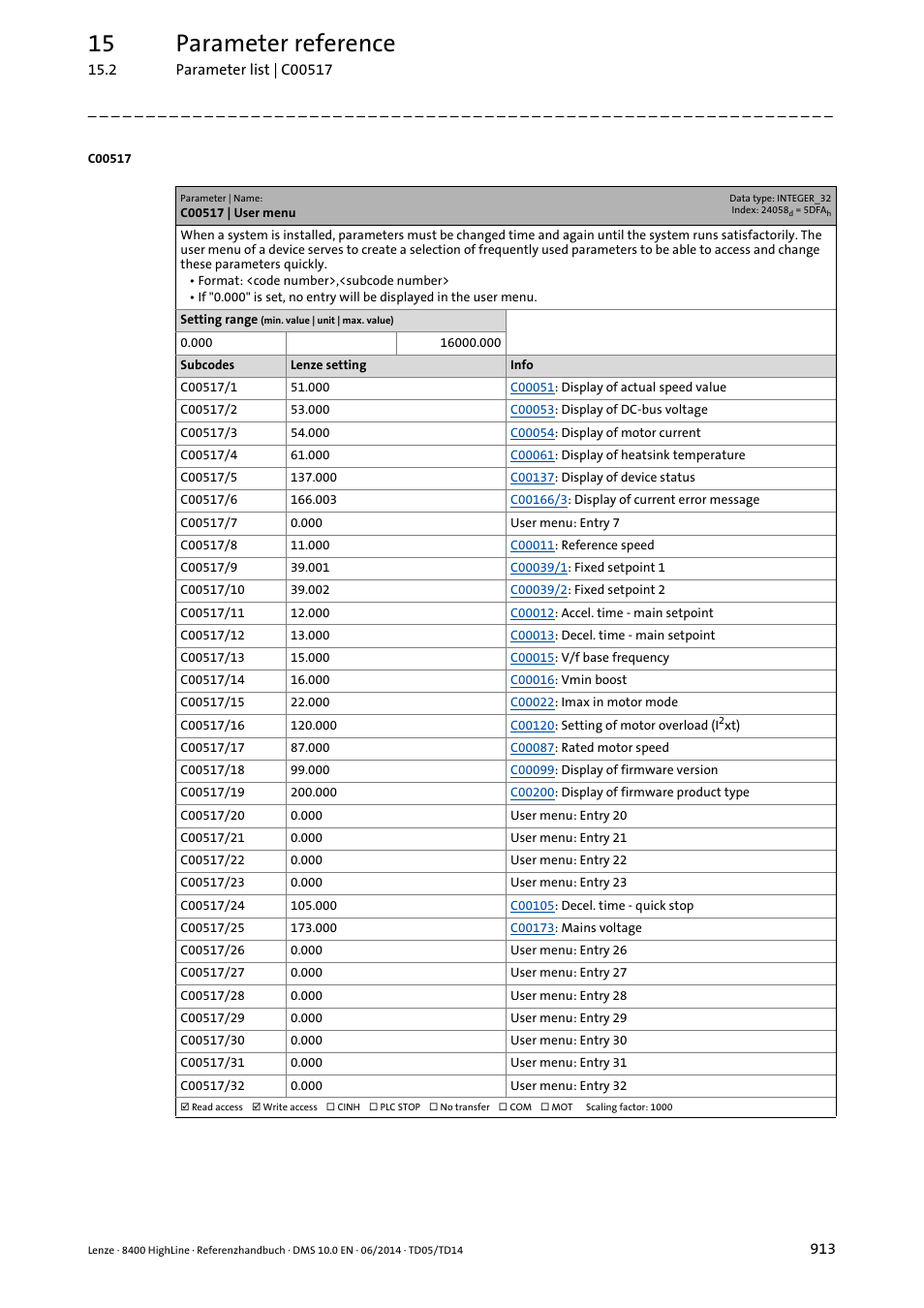 C00517 | user menu, C00517, 15 parameter reference | Lenze 8400 HighLine User Manual | Page 913 / 1576