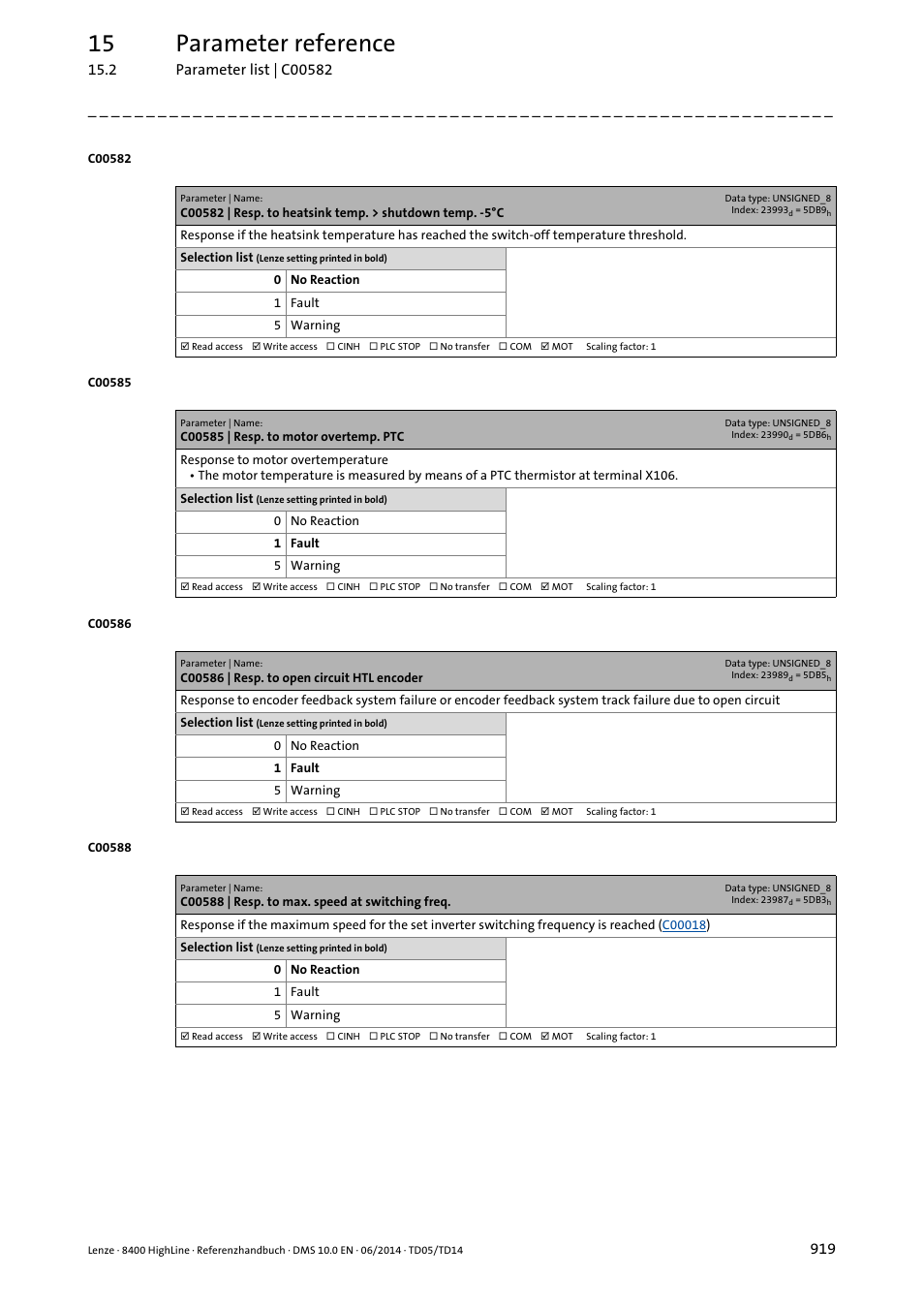 C00585 | resp. to motor overtemp. ptc, C00586 | resp. to open circuit htl encoder, C00588 | resp. to max. speed at switching freq | C00586, C00585, Is activated, Tting, Fault"), mo, C00582, In the lenze setting, no | Lenze 8400 HighLine User Manual | Page 919 / 1576
