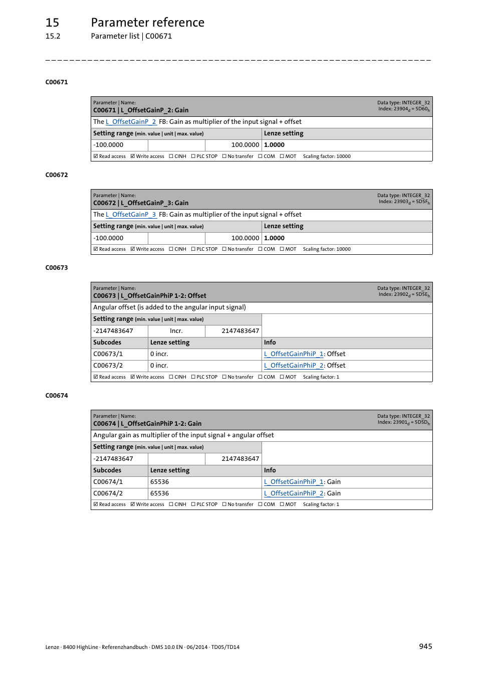C00671 | l_offsetgainp_2: gain, C00672 | l_offsetgainp_3: gain, C00673 | l_offsetgainphip 1-2: offset | C00674 | l_offsetgainphip 1-2: gain, C00671, For a simpl, C00672, 15 parameter reference | Lenze 8400 HighLine User Manual | Page 945 / 1576