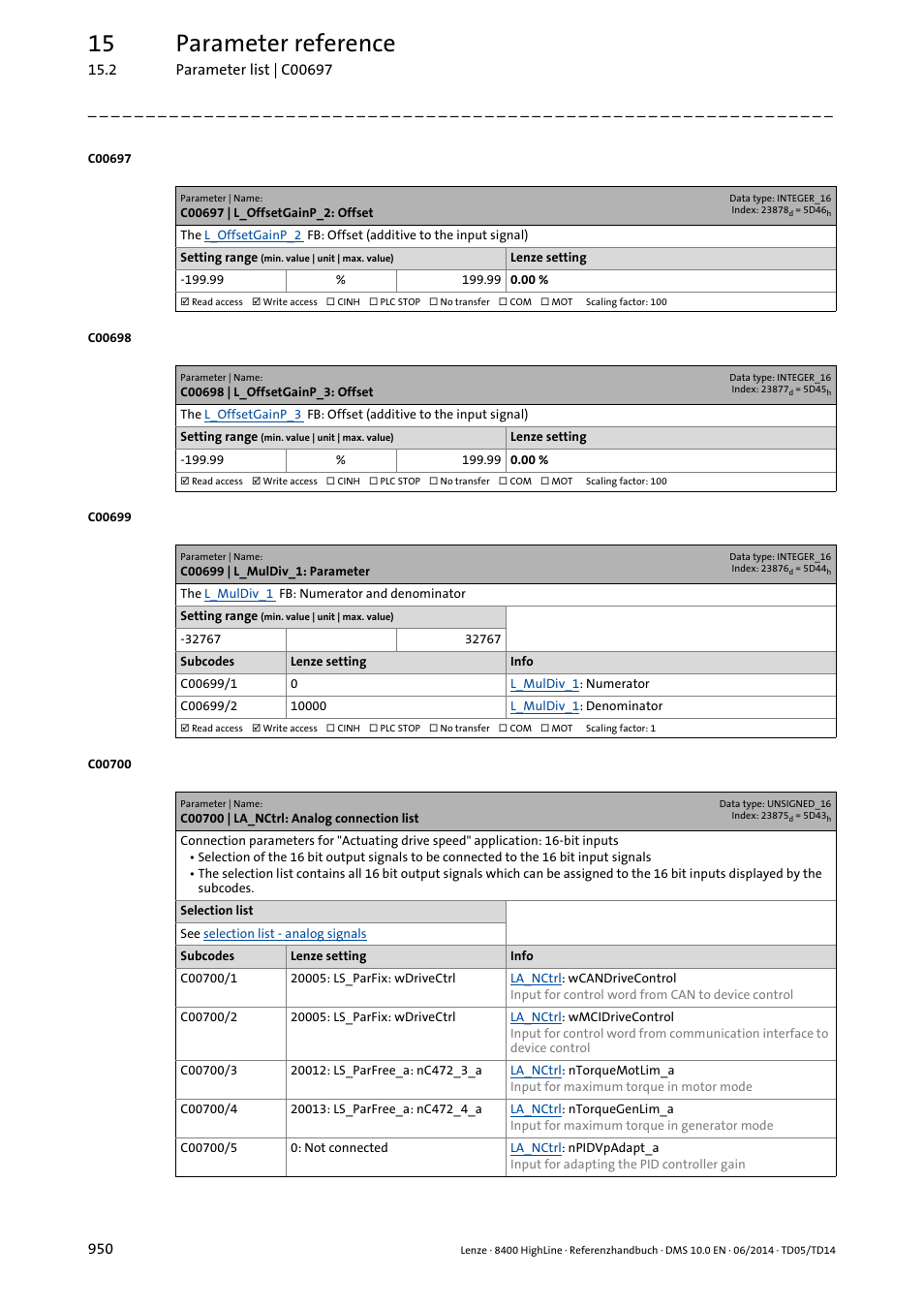 C00697 | l_offsetgainp_2: offset, C00698 | l_offsetgainp_3: offset, C00699 | l_muldiv_1: parameter | C00700 | la_nctrl: analog connection list, Uration parameter, C00700/x, C00697, Can be set in, C00698, T in | Lenze 8400 HighLine User Manual | Page 950 / 1576