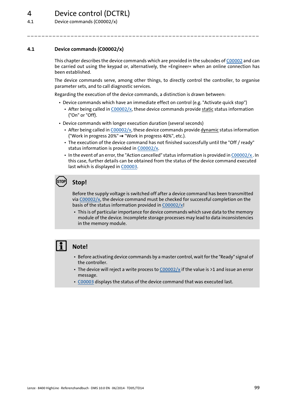 1 device commands (c00002/x), Device commands (c00002/x), 4device control (dctrl) | Lenze 8400 HighLine User Manual | Page 99 / 1576