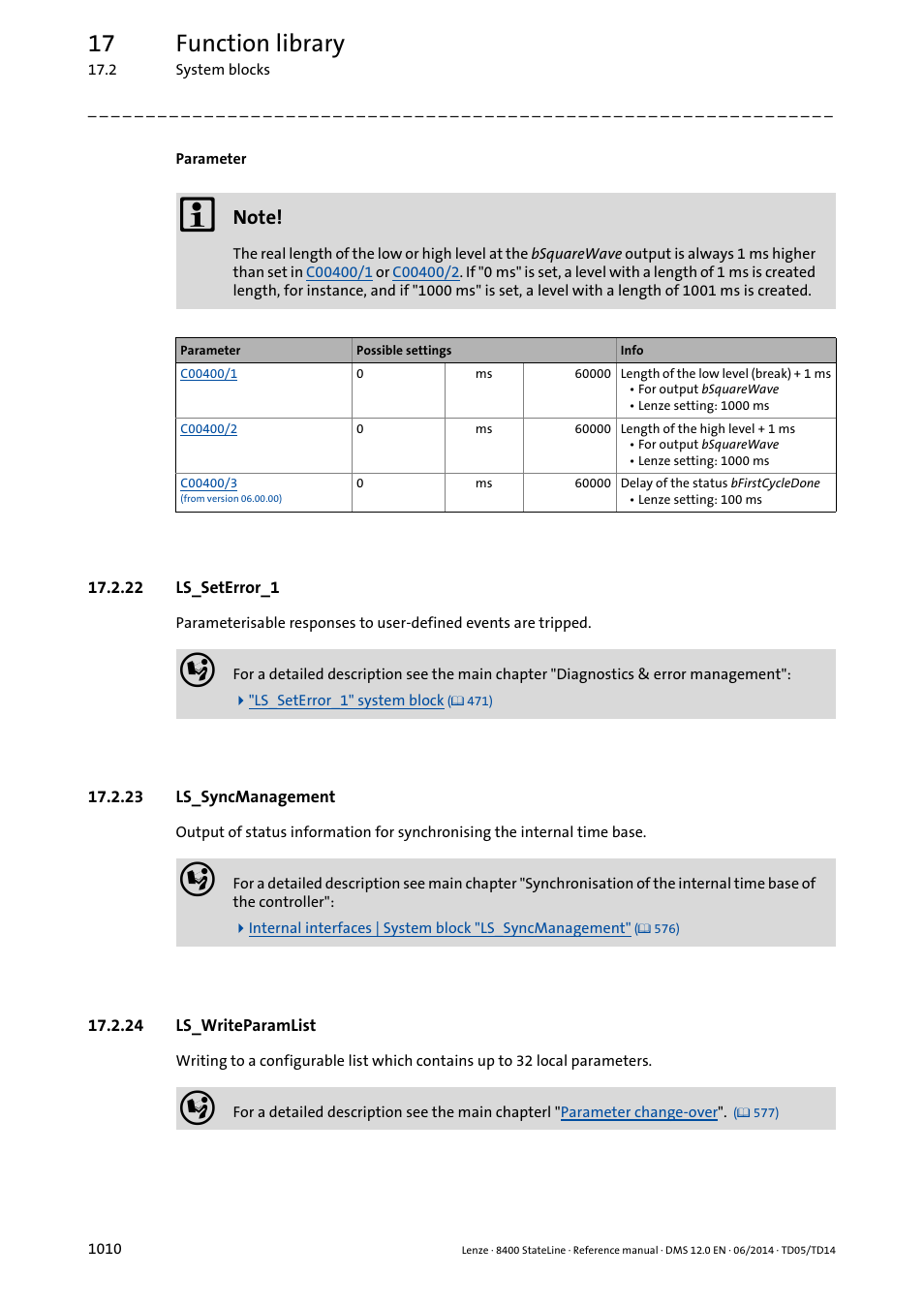 22 ls_seterror_1, 23 ls_syncmanagement, 24 ls_writeparamlist | 22 ls_seterror_1 0, 23 ls_syncmanagement 0, 24 ls_writeparamlist 0, 17 function library | Lenze 8400 StateLine User Manual | Page 1010 / 1030