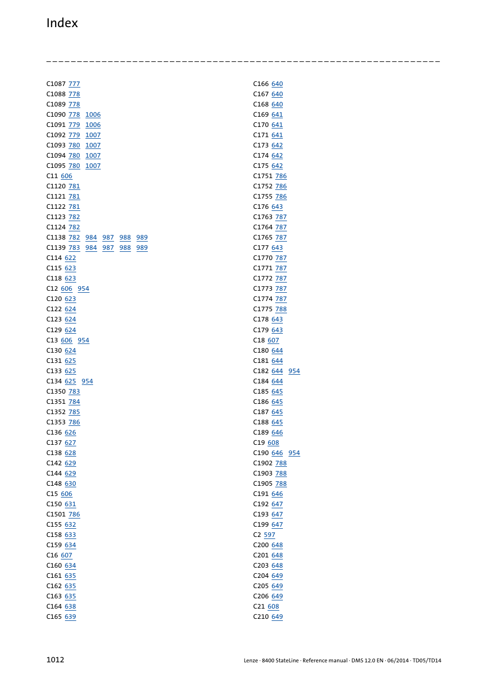 Index | Lenze 8400 StateLine User Manual | Page 1012 / 1030