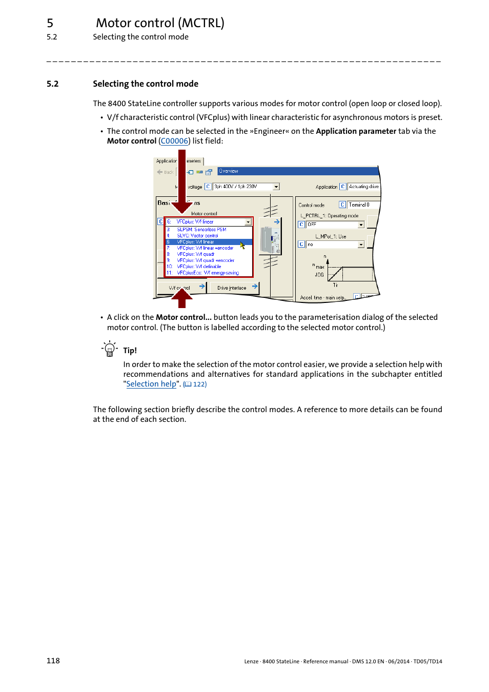 2 selecting the control mode, Selecting the control mode, 5motor control (mctrl) | Lenze 8400 StateLine User Manual | Page 118 / 1030